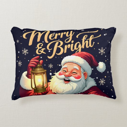 Merry Bright Santa Holding Lantern Illustration アクセントクッション (正面)