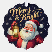 Merry Bright Santa Holding Lantern Illustration オーナメントカード (裏面)