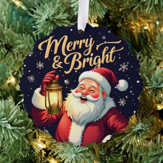 Merry Bright Santa Holding Lantern Illustration オーナメントカード (インサイチュ (木))
