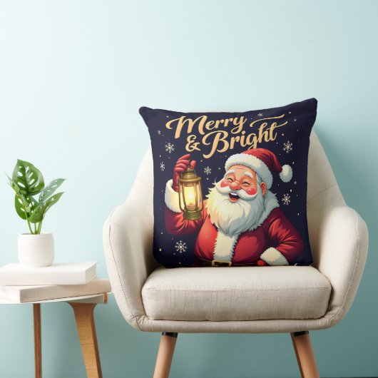 Merry Bright Santa Holding Lantern Illustration クッション (椅子)