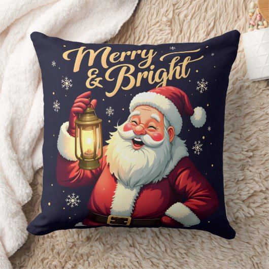 Merry Bright Santa Holding Lantern Illustration クッション (ブランケット)