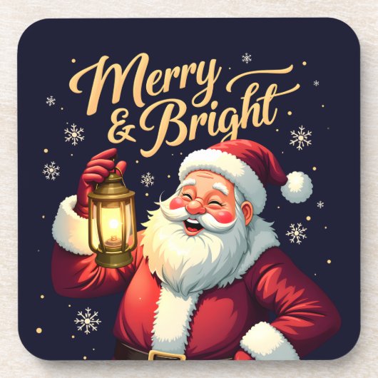 Merry Bright Santa Holding Lantern Illustration コースター (正面)