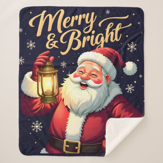 Merry Bright Santa Holding Lantern Illustration シェルパブランケット (正面)