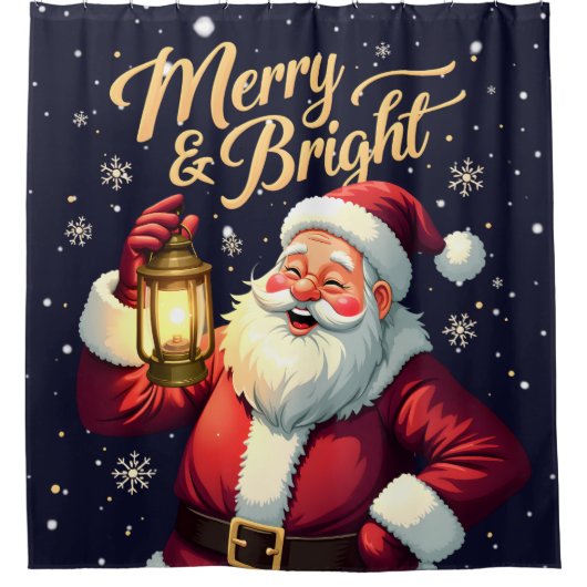 Merry Bright Santa Holding Lantern Illustration シャワーカーテン (正面)
