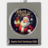 Merry Bright Santa Holding Lantern Illustration シルバープレートバナーオーナメント (正面)