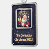 Merry Bright Santa Holding Lantern Illustration シルバープレートフレームオーナメント (左)