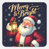 Merry Bright Santa Holding Lantern Illustration スクエアシール (正面)