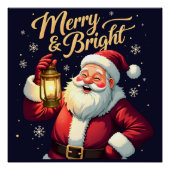Merry Bright Santa Holding Lantern Illustration ポスター (正面)