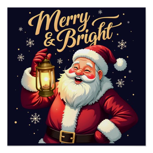 Merry Bright Santa Holding Lantern Illustration ポスター (正面)