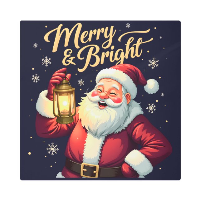 Merry Bright Santa Holding Lantern Illustration メタルプリント (正面)