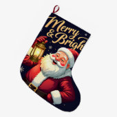 Merry Bright Santa Holding Lantern Illustration ラージクリスマスストッキング (正面 (吊り時))