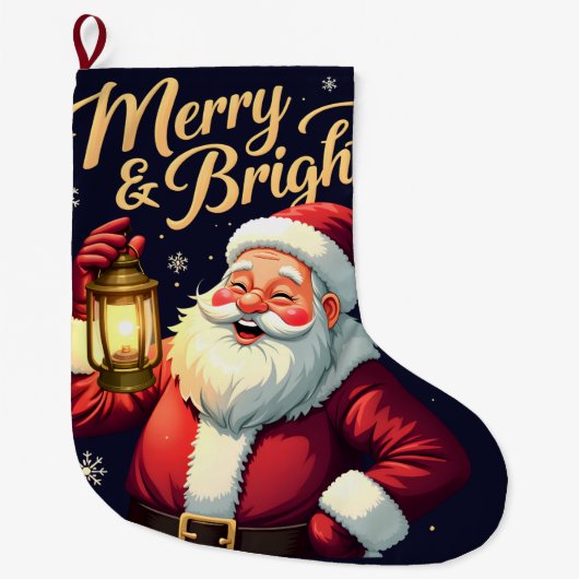 Merry Bright Santa Holding Lantern Illustration ラージクリスマスストッキング (正面)