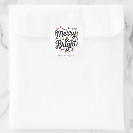 Merry & Bright Script Festive String Light Holiday スクエアシール (バッグ)