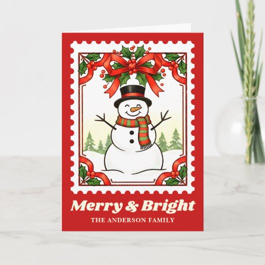 Merry & Bright Snowman Christmas Postage Stamp シーズンカード (正面)