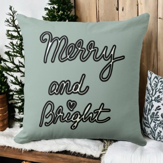 Merry Bright typography sage green black white クッション