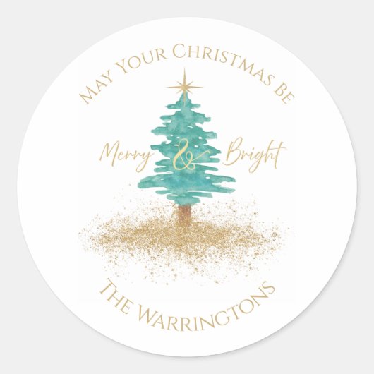 "Merry & Bright" Watercolor Tree Custom Name ラウンドシール (正面)