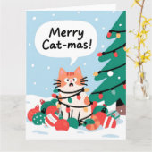 Merry Cat-Mas Cute Funny Cat Christmas カード (黄色い花)