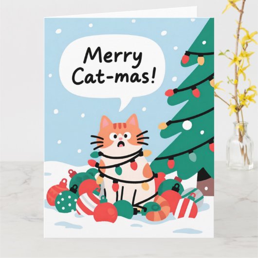 Merry Cat-Mas Cute Funny Cat Christmas カード (黄色い花)