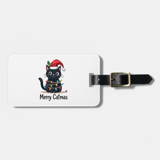 Merry Catmas Black Cat Christmas Light Xmas Family ラゲッジタグ (正面横)