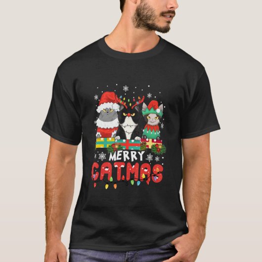 Merry Catmas Cat Christmas Pajamas X-mas Ugly Swea Tシャツ (正面)