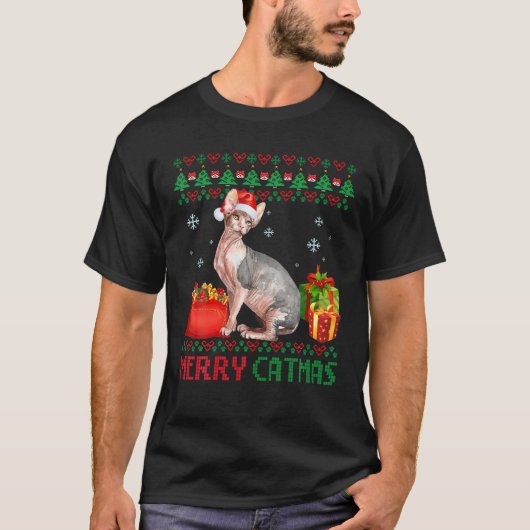 Merry Catmas Cat Ugly Christmas Sphynx Mom Dad Tシャツ (正面)
