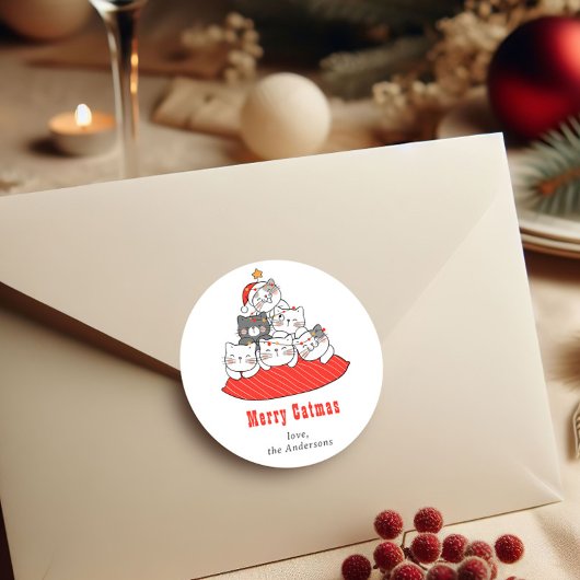 Merry Catmas Cute Cats Holiday Personalized  ラウンドシール