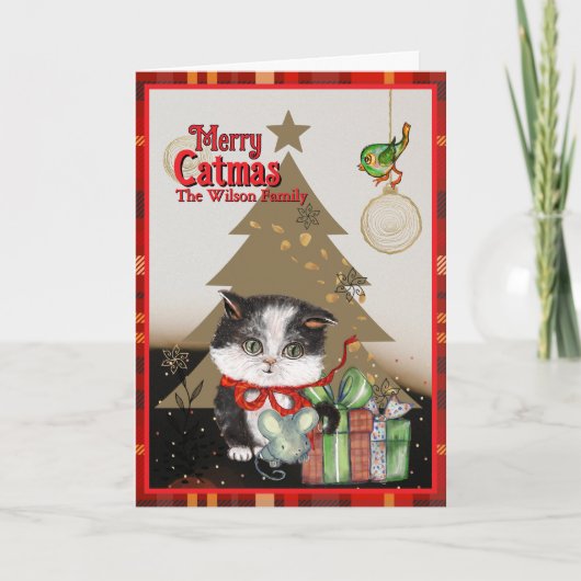 Merry Catmas Cute Kitten Christmas Red bow シーズンカード (正面)