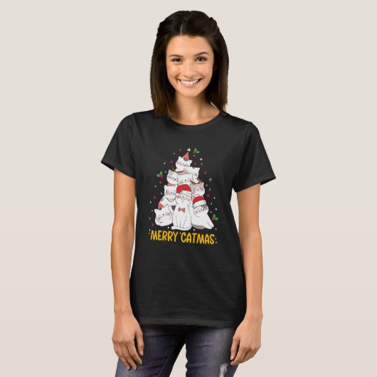 Merry Catmas Funny Cats Christmas Tree Tシャツ (正面フル)
