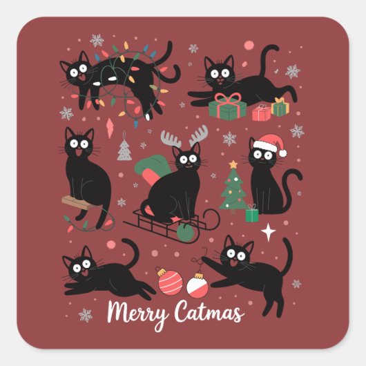 Merry Catmas Funny Christmas Black Cat Lover スクエアシール (正面)