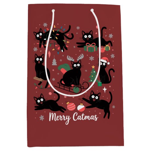 Merry Catmas Funny Christmas Black Cat Lover ミディアムペーパーバッグ (正面)