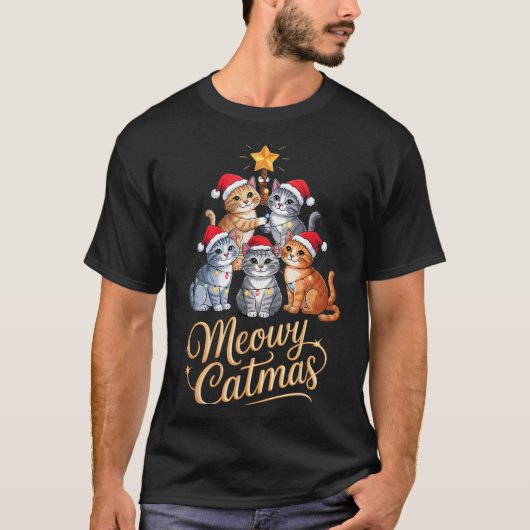 Merry Catmas Funny Christmas Tree Matching Meowy X Tシャツ (正面)