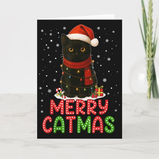 Merry Catmas Santa Hat Funny Black Cat Christmas W カード (正面)