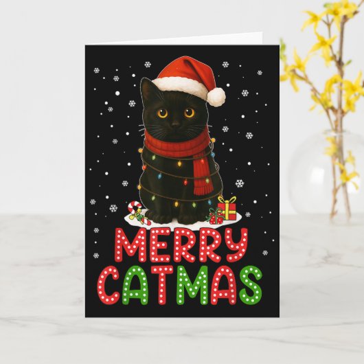 Merry Catmas Santa Hat Funny Black Cat Christmas W カード (黄色い花)