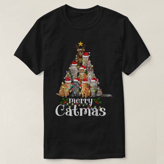 Merry Catmas Tree Lights Funny Christmas Cat Match Tシャツ (デザイン正面)