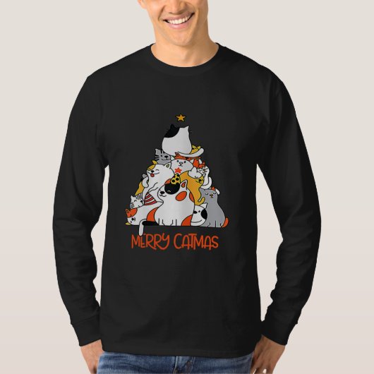 Merry Catmas Xmas Funny Cats Christmas Tree Men Tシャツ (正面)