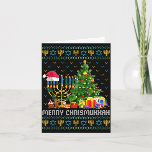 Merry Chrismukkah Happy Hanukkah Ugly Sweater Fami カード (正面)