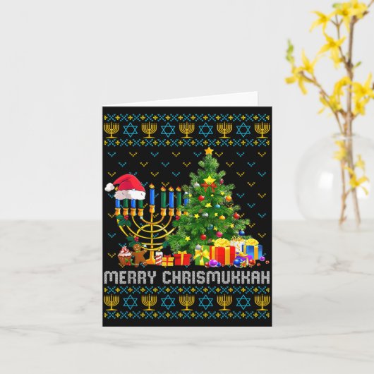 Merry Chrismukkah Happy Hanukkah Ugly Sweater Fami カード (黄色い花)
