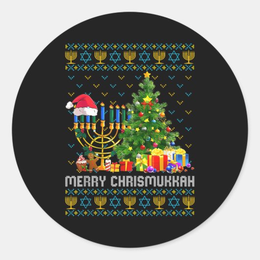 Merry Chrismukkah Happy Hanukkah Ugly Sweater Fami ラウンドシール (正面)