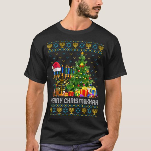 Merry Chrismukkah Happy Hanukkah Ugly Sweater Fami Tシャツ (正面)