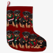 Merry Chrismutts Rottweiler Puppies Wearing Scarf ラージクリスマスストッキング (正面)