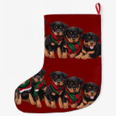 Merry Chrismutts Rottweiler Puppies Wearing Scarf ラージクリスマスストッキング (裏面)