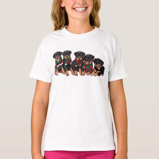 Merry Chrismutts Rottweiler Puppies Wearing Scarf Tシャツ (正面)
