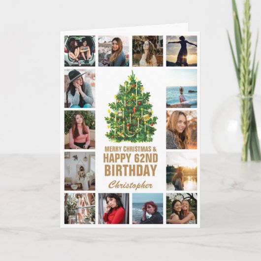 Merry Christmasと62ndハッピーバースデー写真 カード (正面)
