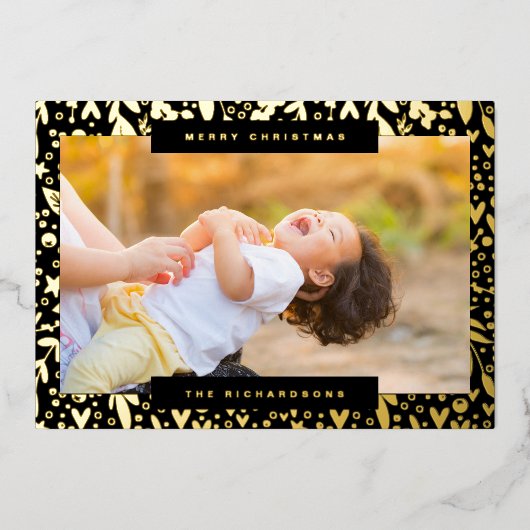 Merry Christmas白黒写真金ゴールド花模様 箔シーズンカード (正面)