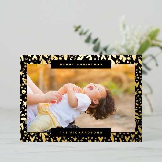 Merry Christmas白黒写真金ゴールド花模様 箔シーズンカード (立ち正面)