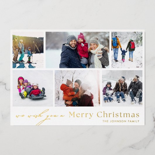 MERRY CHRISTMAS赤い白い金ゴールド12フォトコラージュ 箔シーズンカード (正面)