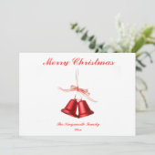 「Merry Christmas」の文字が入った赤いベル フラットカード (スタンド正面)