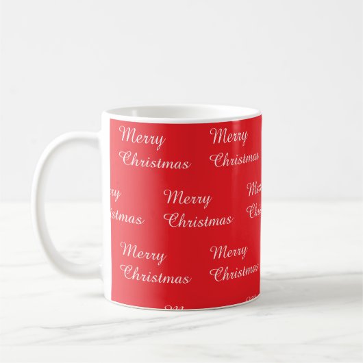 「Merry Christmas」の文字が繰り返された赤い背景 コーヒーマグカップ (左)