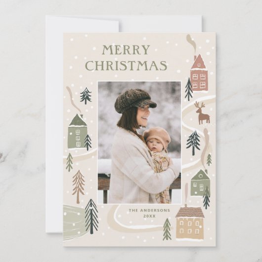 Merry Christmas | 冬のあたたかな村の家族写真 シーズンカード (正面)