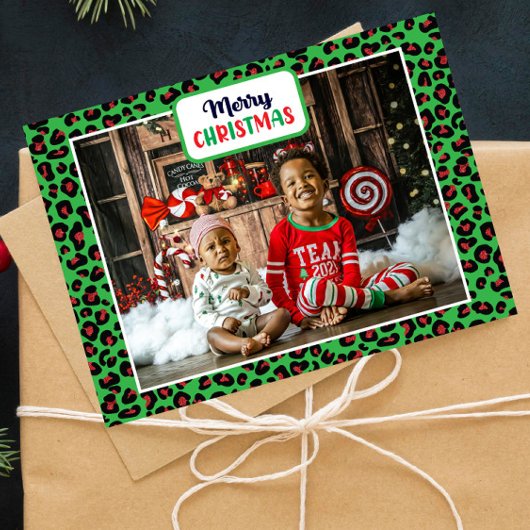 Merry Christmas (自分の写真を追加)Leopard Print シーズンカード